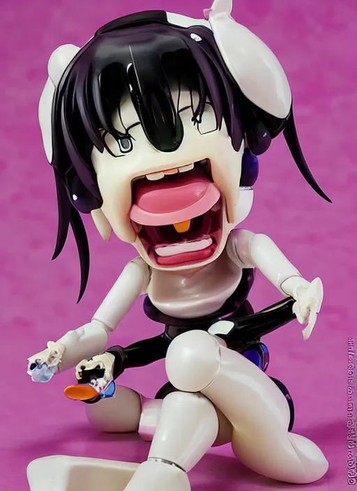 Prompt: a hyperrealistic caricature of a kawaii mecha musume anime girl figurine with a big dumb bucktooth grin featured on wallace and gromit by arthur szyk in the style of madballs
