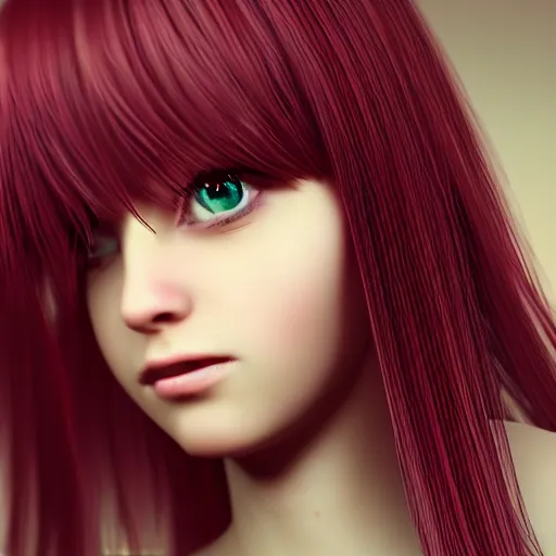 Image similar to A 3d cgi toon young woman with long pink hair, full bangs, amber eyes, pale skin, Chinese, medium shot, mid-shot, soft focus, 4k, trending on artstation