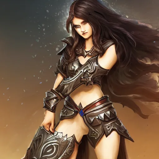 Image similar to a beautiful woman warrior long hair. wearing black leather armor. holding a spoon. league of legend concept art champion. dogital art. award winning high definition