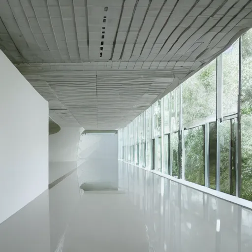 Image similar to a large room with surreal minimalist architecture partially flooded by slightly green water, liminal space, made of all white ceramic tiles, surreal, hallways, rounded ceiling, stairs,