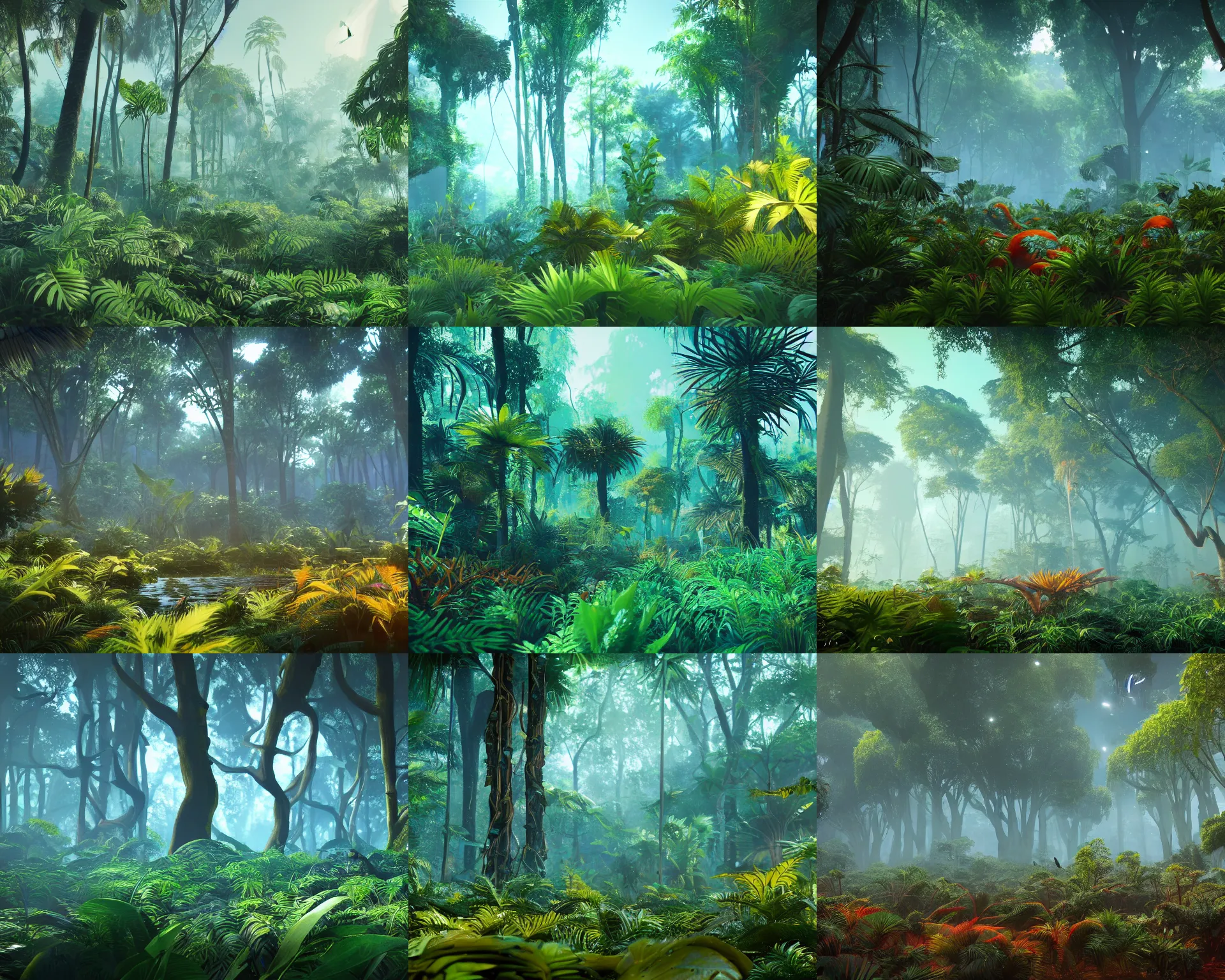 Prompt: a lush alien forest, teal sky, orange plants, birds in flight, humid subtropical climate, atmospheric, exotic, unreal engine, trending on artstation