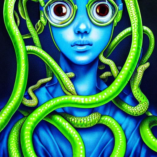 Prompt: 3 d, close - up, fashion model in a blue factory worker's overalls face looking down at the floor eyes sad tentacles instead of hands, green snakes background, soft light, smooth face feature, intricate oil painting, high detail illustration, sharp high detail, manga and anime 1 9 9 9, paper texture