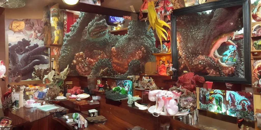 Prompt: photo of chubby godzilla eating octopus monster, in an epic kaiju restaurant willed with framed pictures of past monsters