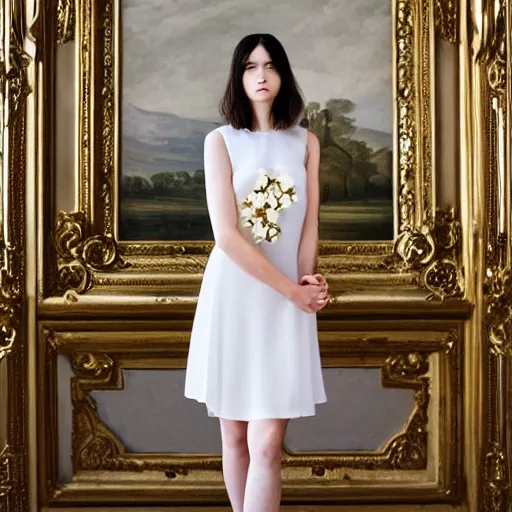 Image similar to Young lady full length shot wearing valentino resort simple sleeveless dress pale grey and white flowers in the style of baroque realism standing inside lourve, 8K, background renaissance paintings with gold