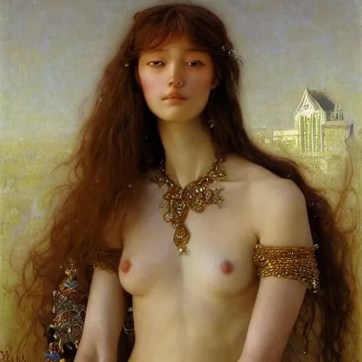 Prompt: epic masterpiece full body portrait a beautiful Lady Godiva, a beautiful face and flawless skin, by Edgar Maxence and Ross Tran and Michael Whelan