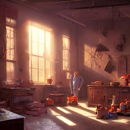 Prompt: A dusty toymaker’s workshop lit by a large glowing window, volumetric atmosphere with dramatic sunlight and shadows, Dean Morrissey and Craig Mullins photo illustration, highly detailed, 8k resolution, hyperrealistic, Maya render.