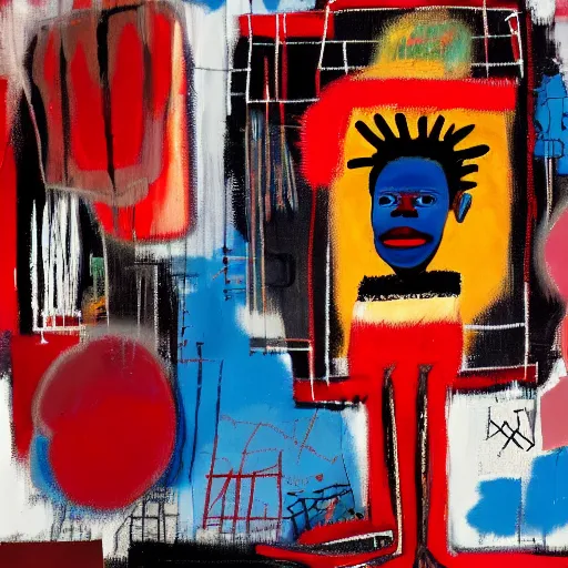 Prompt: black kids mixing with dna's and crowns in the red abstract background with broken mirrors, a matte painting by basquiat, trending on artstation.