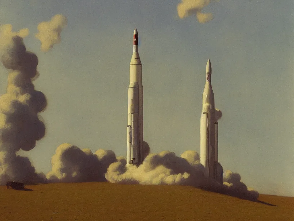 Image similar to a _ painting _ of _ a _ scifi _ rocket _ by _ peter _ ilsted