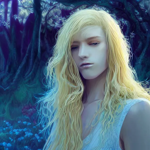 Image similar to Portrait of an androgynous blond prince in a beautiful world, pale milky white skin and long fluffy curly blond hair, intricate, elegant, fantasy, highly detailed, digital painting, concept art, Junji Ito, sharp focus, illustration, beautiful volumetric lighting, epic light, artstation, magic hour lighting, colorful, sunshine, springtime, art by Sylvain Sarrailh