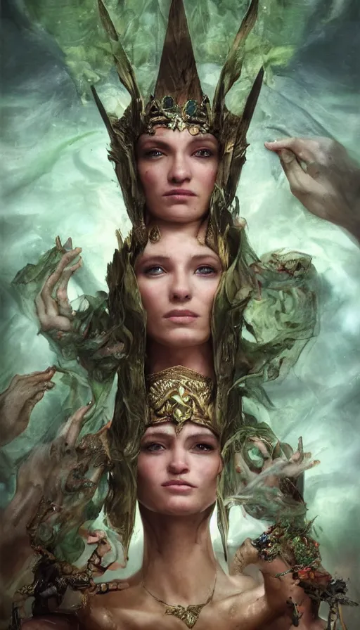 Image similar to epic masterpiece portrait of a queen with a goblet, on the battlefield, tribe makeup and jewelry, sweaty skin, hyperrealistic, octane render, cinematic, followed by heads with many faces, beautiful face and flawless skin, perfect hands, emeralds by Edgar Maxence and Ross Tran and Michael Whelan, Legends of Runeterra