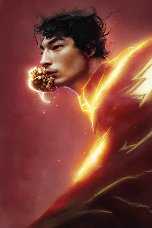 Image similar to ezra miller as flash eating popcorn, ethereal fantasy art by greg rutkowski