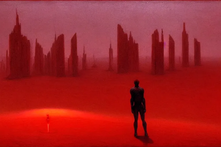 Image similar to only with red, a red god of death eat apple, a futuristic city on mars in background, an ancient path, pathos, in the style of beksinski, part by hopper, part by rodcenko, part by hofbauer, intricate composition, red by caravaggio, insanely quality, highly detailed, masterpiece, red light, artstation