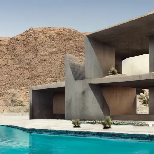 Image similar to brutalism conceptual hotel in the desert, biophilia mood, pool, garden, highly detailed, cinematic, photorealistic,