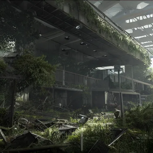 Prompt: screenshot of a new Call of Duty multiplayer map, an aircraft hangar overgrown with vegetation, debris scattered throughout, forest, dramatic lighting, cinematic, Unreal Engine, 8k, render