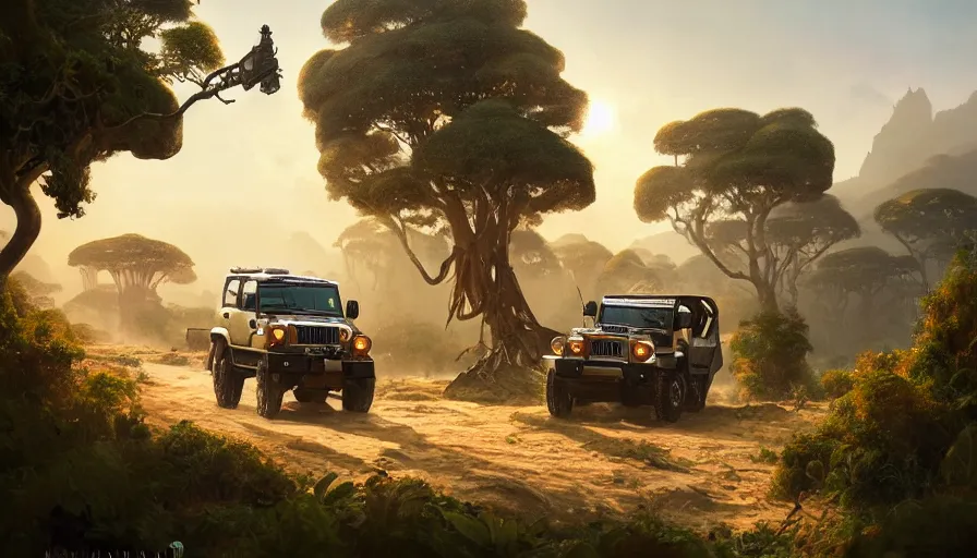 Image similar to mahindra thar driving through madagascar with baobabs trees, artgerm and greg rutkowski and alphonse mucha, an epic fantasy, volumetric light, detailed, establishing shot, an epic fantasy, trending on art station, octane render, midsommar