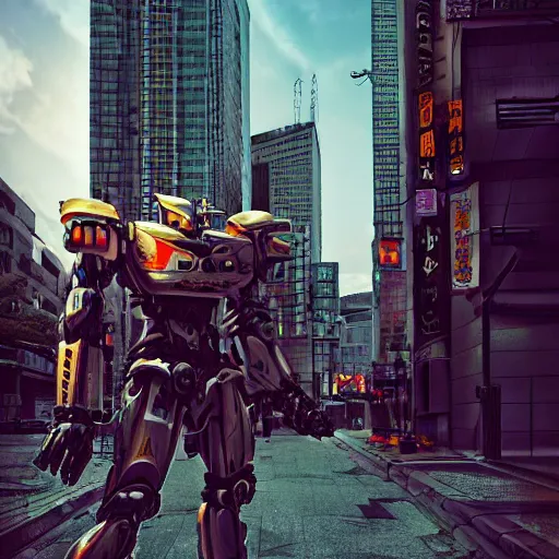 Image similar to a beautiful hyperrealistic ultradetailed 3D render of a samurai guitarist battle mecha standing in the city, by brian sum and stephen martiniere and Antonio Manzanedo. mech, dragon, unreal engine, octane render, PBR, 3D, brilliantly colored, intricate, wide angle, volumetric lighting, polished, path tracing