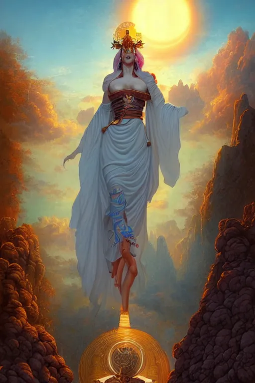 Prompt: the high Priestess of the sun god greets the rising sun, 8k resolution digital painting by Michael Whelan and Peter Mohrbacher, cinematic morning light