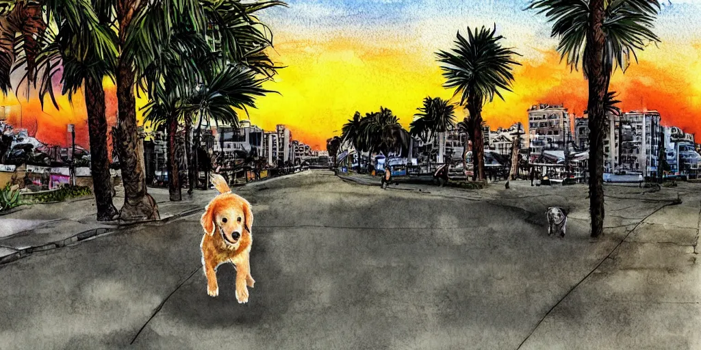 Image similar to golden retriever dog walking in tel aviv street looking at the camera. palm trees. realistic. sunset. high quality. digital art. watercolor. highly detailed. drawing. art. colorful. fluffy