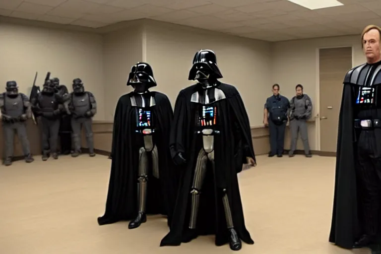 Prompt: darth vader in court being defended by saul goodman, better call saul, court images, 1 0 8 0 p, court archive images