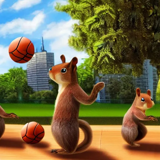 Image similar to three squirrels play basketball in a city park whilst a crowd of vegetables cheer from the side, realistic render