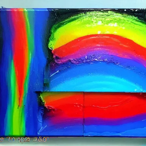 Image similar to a pour painting on canvas, rainbow colors, abstract, thick paint, chunky paint, glossy, resin coated