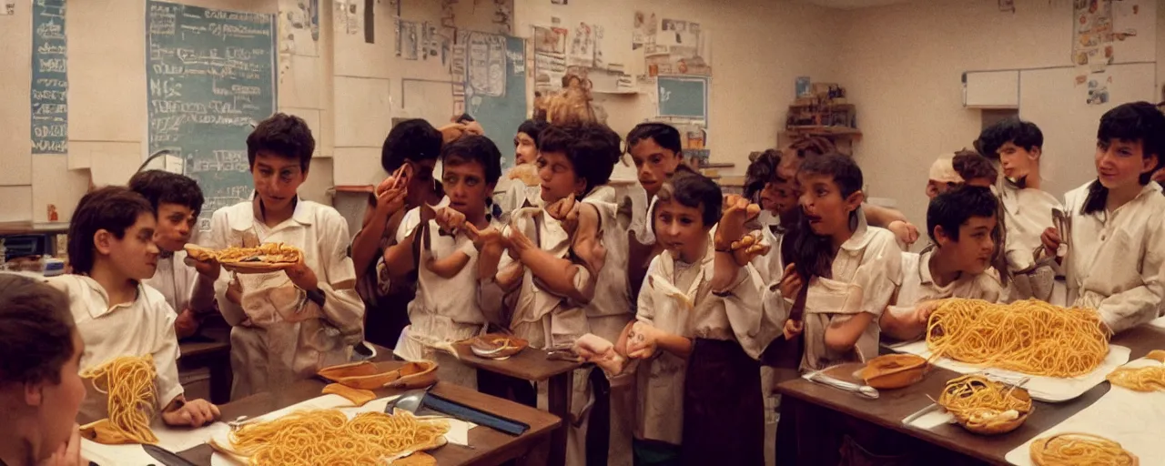 Prompt: aristotle teaching students about spaghetti!, ancient greece, golden hour, kodachrome, in the style of wes anderson, retro