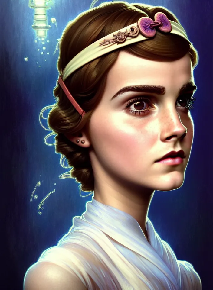 Prompt: symmetry!! face portrait of a young emma watson from bioshock, vintage dress, glowing headband!! underwater atmosphere, intricate, serene, highly detailed, digital painting, artstation, symmetric concept art, smooth, sharp focus, illustration, art by artgerm and greg rutkowski and alphonse mucha, 8 k