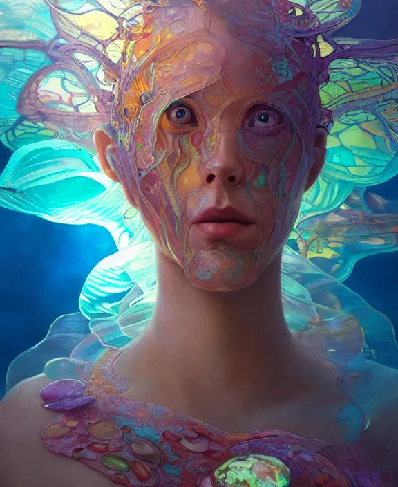 Prompt: intricate colorful transparent portrait of a disturbing beautiful alien mollusk creature, mottled coloring, adorable, childlike, underwater environment, ultra realistic, concept art, art nouveau, photorealistic, octane render, 8 k, unreal engine. art by christopher marley and artgerm and greg rutkowski and alphonse mucha