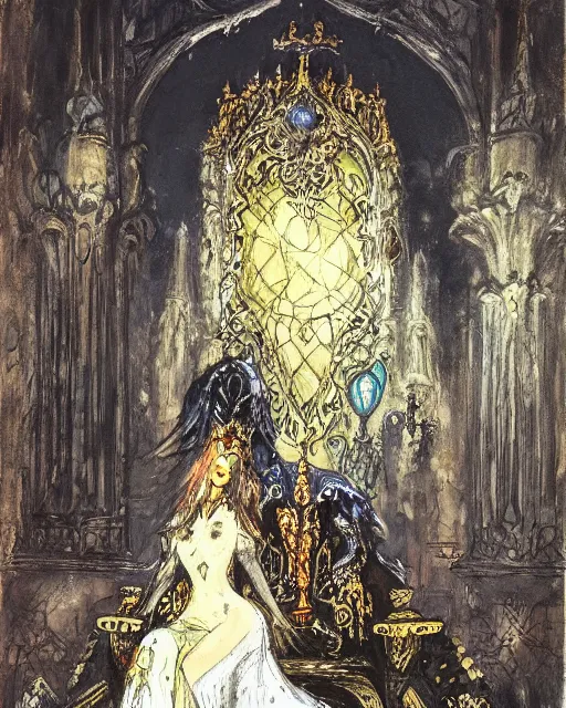 Image similar to an illustration of a dark queen on a throne at night by marc davis and by gustave moreau, realistic, gouache, painting