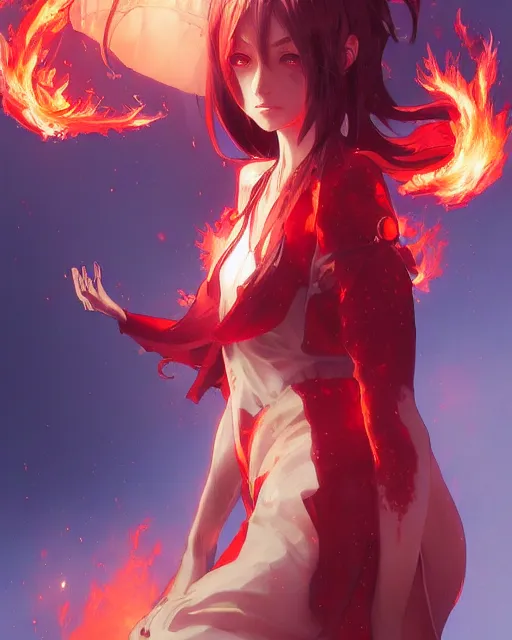 Prompt: red eyed beautiful anime girl, flames everywhere, highly detailed, digital painting, artstation, concept art, smooth, sharp focus, illustration, art by artgerm and greg rutkowski and alphonse mucha