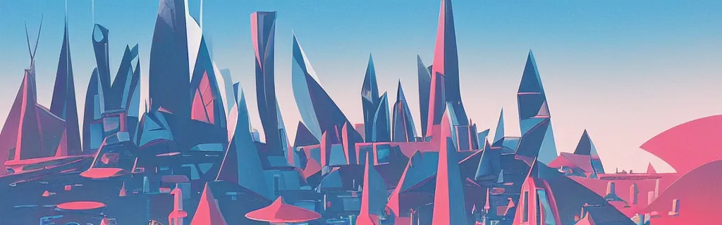 Prompt: sci - fi city with floating faceted angular buildings, modernism, gouache, animated film, stylised, illustration, by eyvind earle, scott wills, genndy tartakovski, syd mead