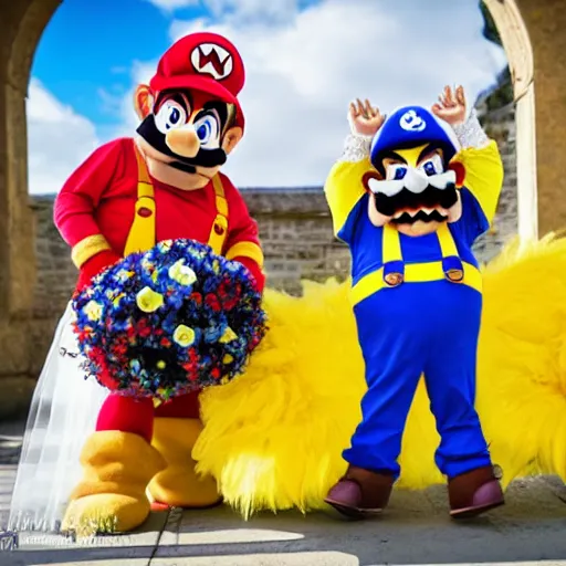 Image similar to Ultra HD photo of a Wario-themed wedding, bride and groom dressed as Wario and Waliuigi, all guests dressed up as Mario characters, award winning wedding photography, 8k resolution, extremely realistic