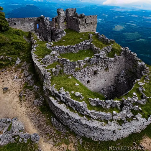 Image similar to photograph, a ruined castle on top of a big mountain, the photo was taken from very far away below the castke looking up at it, exteme far up, ultra high detail, 8 k