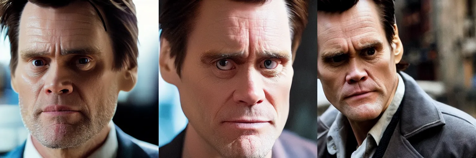 Prompt: close-up of Jim Carrey as a detective in a movie directed by Christopher Nolan, movie still frame, promotional image, imax 70 mm footage