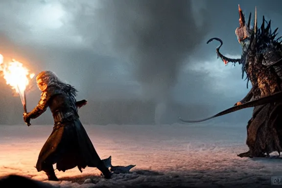 Image similar to very very intricate photorealistic photo of jon snow fighting the night king, photo is in focus with detailed atmospheric lighting, award - winning details