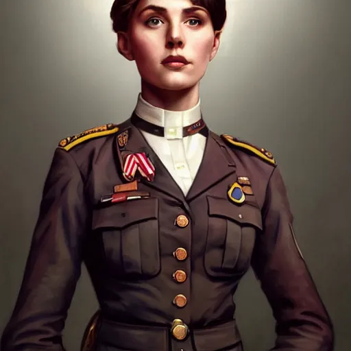 Prompt: full body portrait of addison rae in nazi female uniform, intricate, elegant, highly detailed, digital painting, artstation, smooth, sharp focus, illustration, art by artgerm and greg rutkowski and alphonse mucha, 8 k