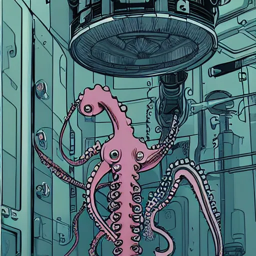 Image similar to robotic Octopus in an airlock, Industrial Scifi, detailed illustration, character portrait, by Martin Grip and Moebius