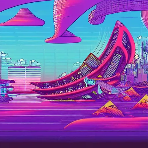 Prompt: a futuristic utopian cityscape that doesn't conform to the laws of physics in the style of the great wave japanese painting, synthwave color scheme