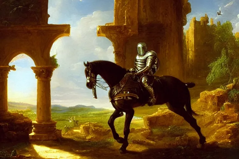 Image similar to an oil painting of a knight wearing plate armor entering a medieval church on a horse, 4 k, highly detailed, painted by thomas cole
