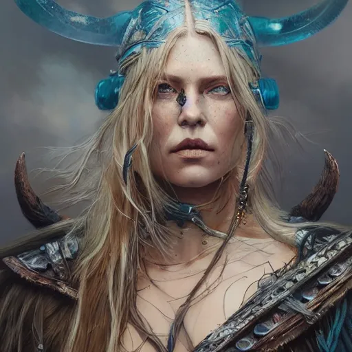 Image similar to Official portrait of a fierce viking woman, highly detailed, cinematic, 8k, 1080s, by Stanley Artgermm, Tom Bagshaw, Greg Rutkowski, Vincent di Fate, Carne Griffiths, Ayami Kojima, trending on DeviantArt, hyper detailed, full of color, digital art,
