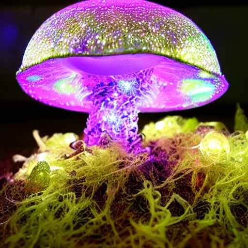 Prompt: cybertronic metallic mushroom, glowing, LED lights, high detail