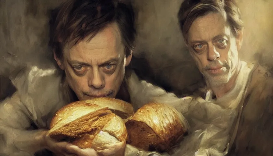 Image similar to beautiful portrait of steve buscemi as a load of bread, art by anders zorn, wonderful masterpiece by greg rutkowski, beautiful cinematic light, american romanticism thomas lawrence, greg rutkowski