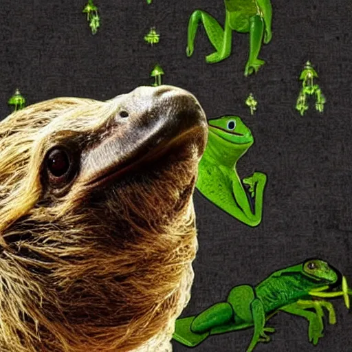 Image similar to a very trippy scene. of a half man half sloth making out with a frog