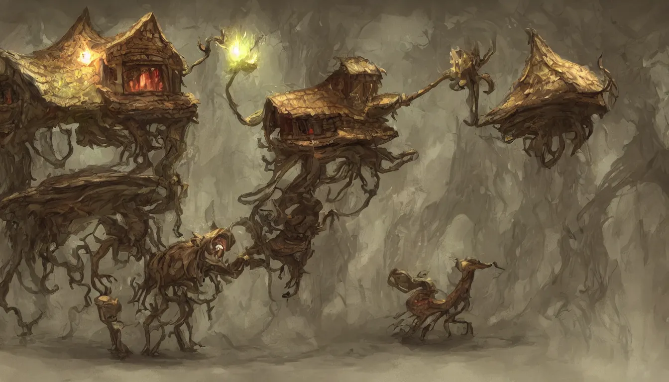 Prompt: Fantasy concept art of a happy walking house on chicken legs.