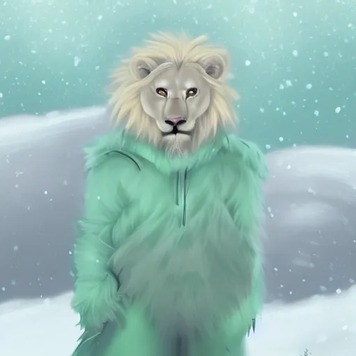 Prompt: aesthetic portrait commission of a albino male furry anthro lion wearing a cute mint colored cozy soft pastel winter outfit, winter atmosphere. character design by chunie