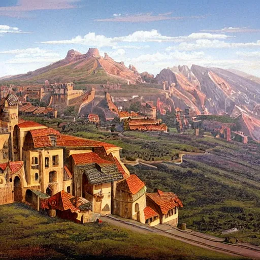 Image similar to an oblique aerial view of a medieval european fantasy city inside a volcanic caldera. the buildings are made of granite with red tiled roofs. the caldera is surrounded by shrubland. painting by ted nasmith, earl norem, bob larkin,.