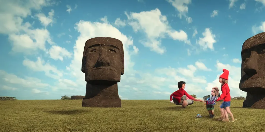 Prompt: hyper realistic giant moai eating half of a kid after opening a christmas pressent. wide angle shot. render 5. octane render.
