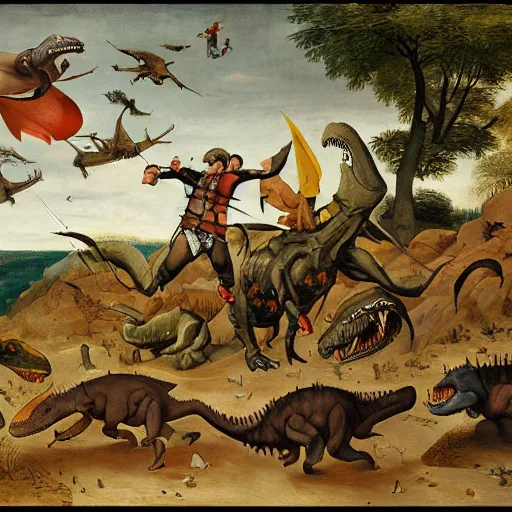 Image similar to adventurers battling a tyrannosaurus, in the style of pieter bruegel