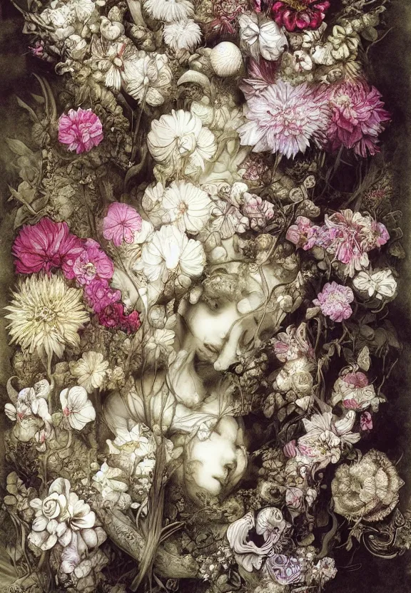 Prompt: simplicity, elegant, flower, flowers fractal, orchids, dahlias, flowers, mandalas, white bones, by h. r. giger and esao andrews and maria sibylla merian eugene delacroix, gustave dore, thomas moran, pop art, chiaroscuro, biopunk, art nouveau