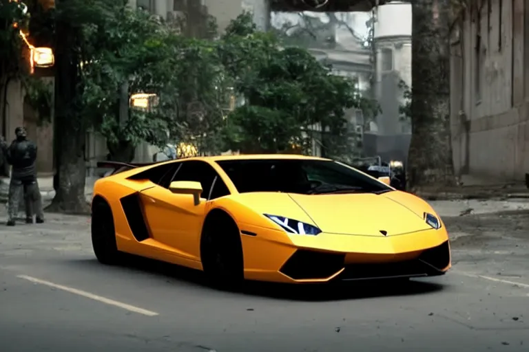 Prompt: A cinematic film still of a Lamborghini in the movie 2012.